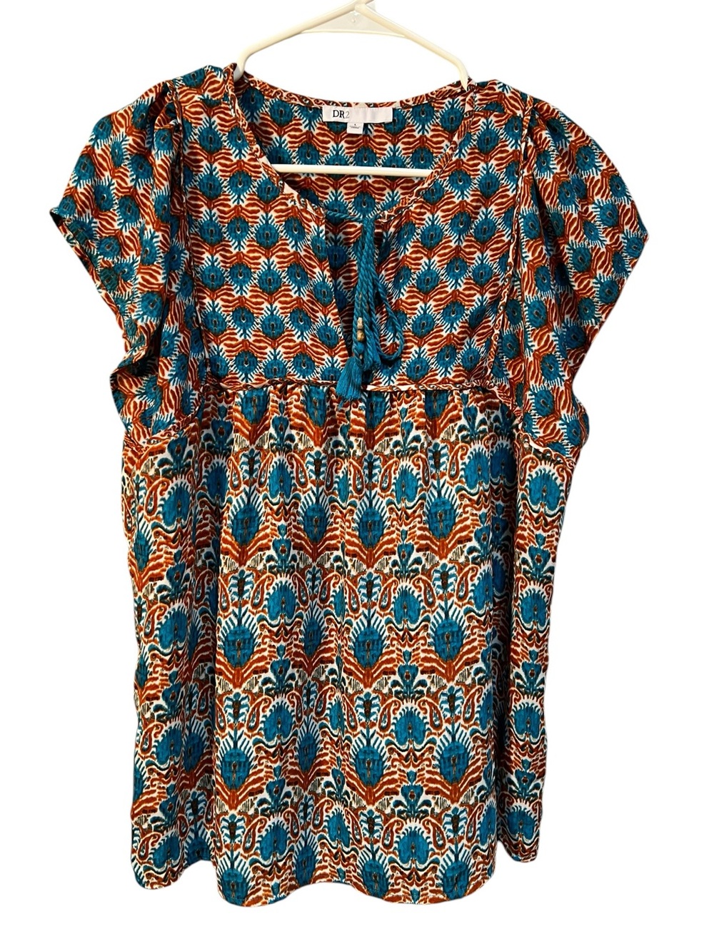 DR2 Women’s Size Large Peasant Blouse Teal Orange White Geometric Fringe Keyhole
